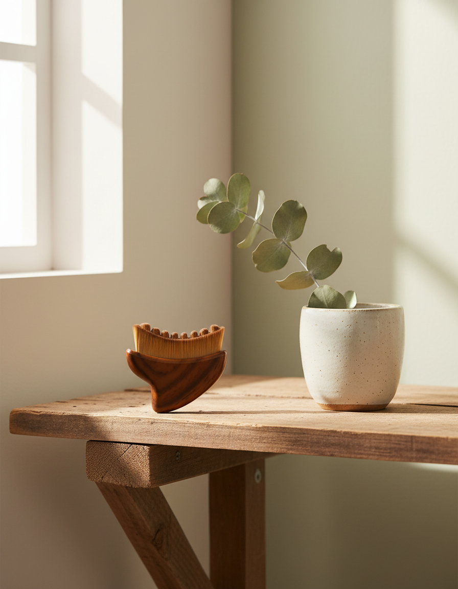Sylvan brush on a rustic bathroom shelf