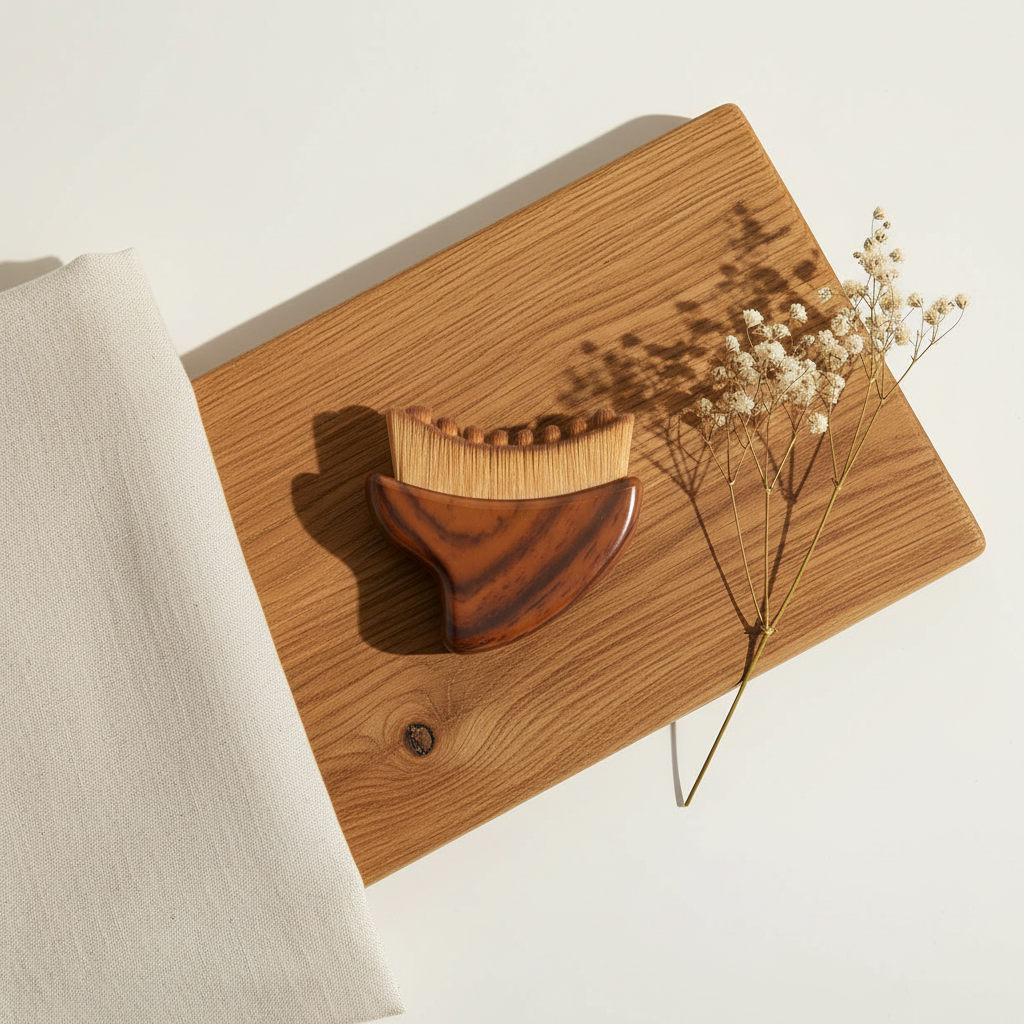 Top-down flat lay of the Sylvan brush on an oak board with linen